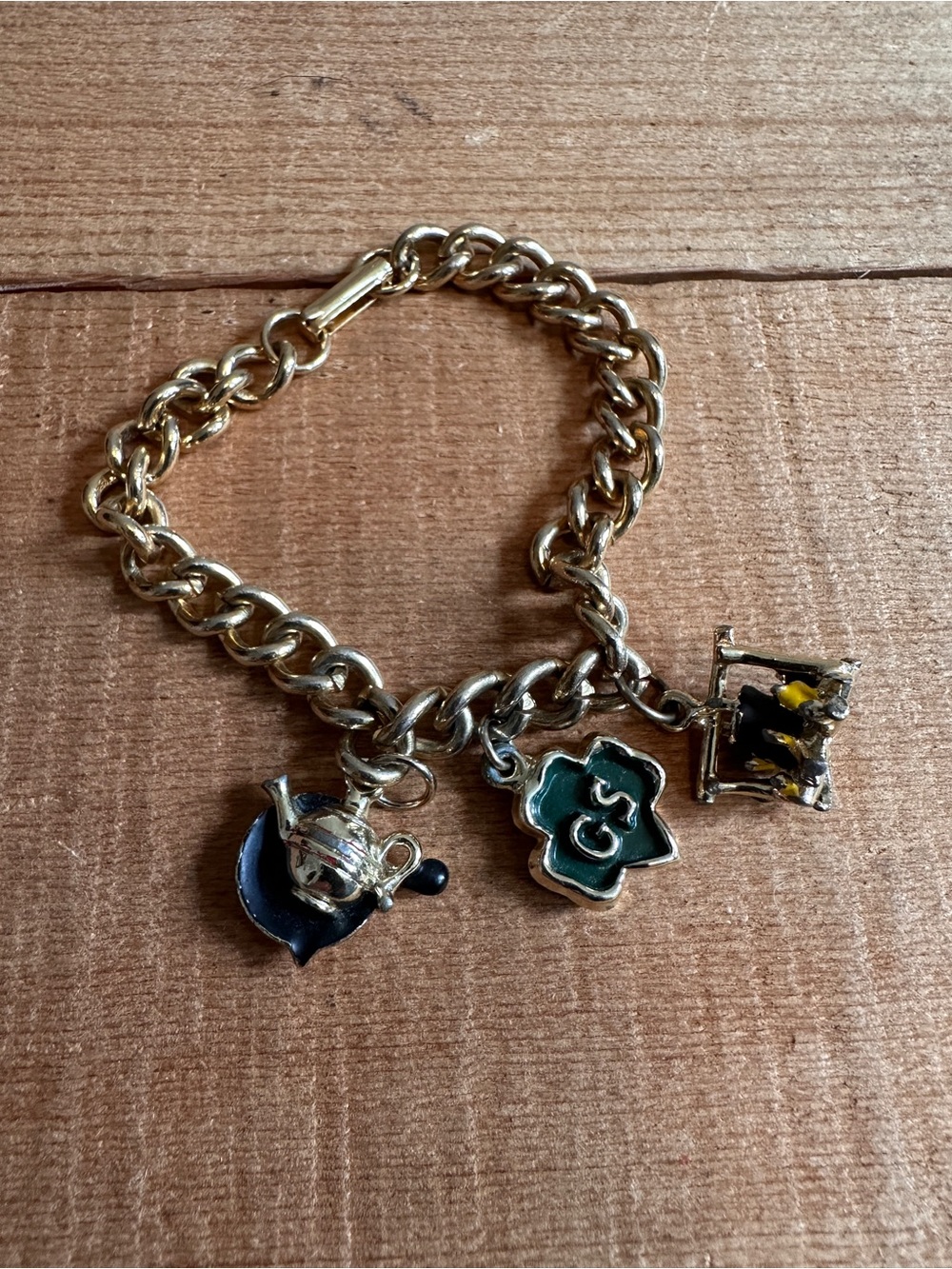 Vintage Girl Scouts Gold Charm Bracelet logo frying pan campfire